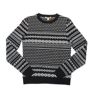 NWT Kier + J Fair Isle Cashmere Crewneck in Black Ivory Pullover Sweater XS